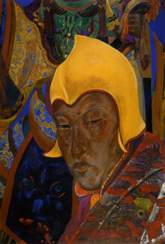 Yellow sect lama religios protector in background by Svetoslav Roerich. 1923